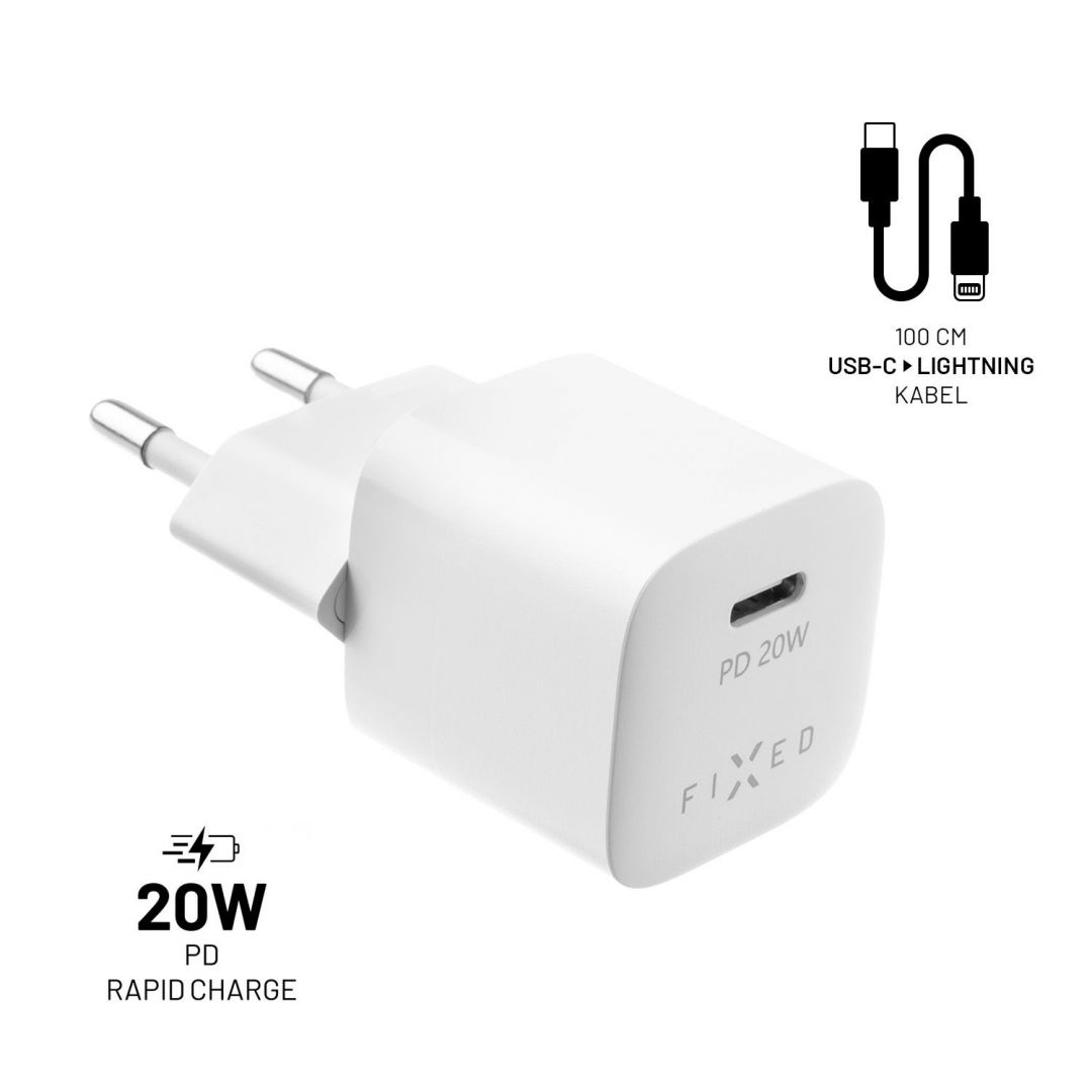 FIXED Mini hálózati USB-C utazó töltő 20W + USB-C/Lightning kábel, Fehér