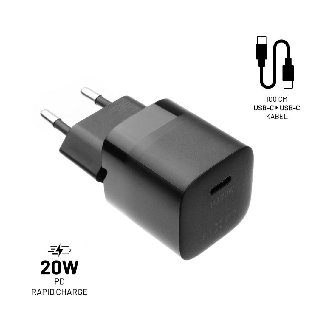 FIXED Mini USB-C Travel Charger 20W + USB-C/USB-C Cable, Fekete