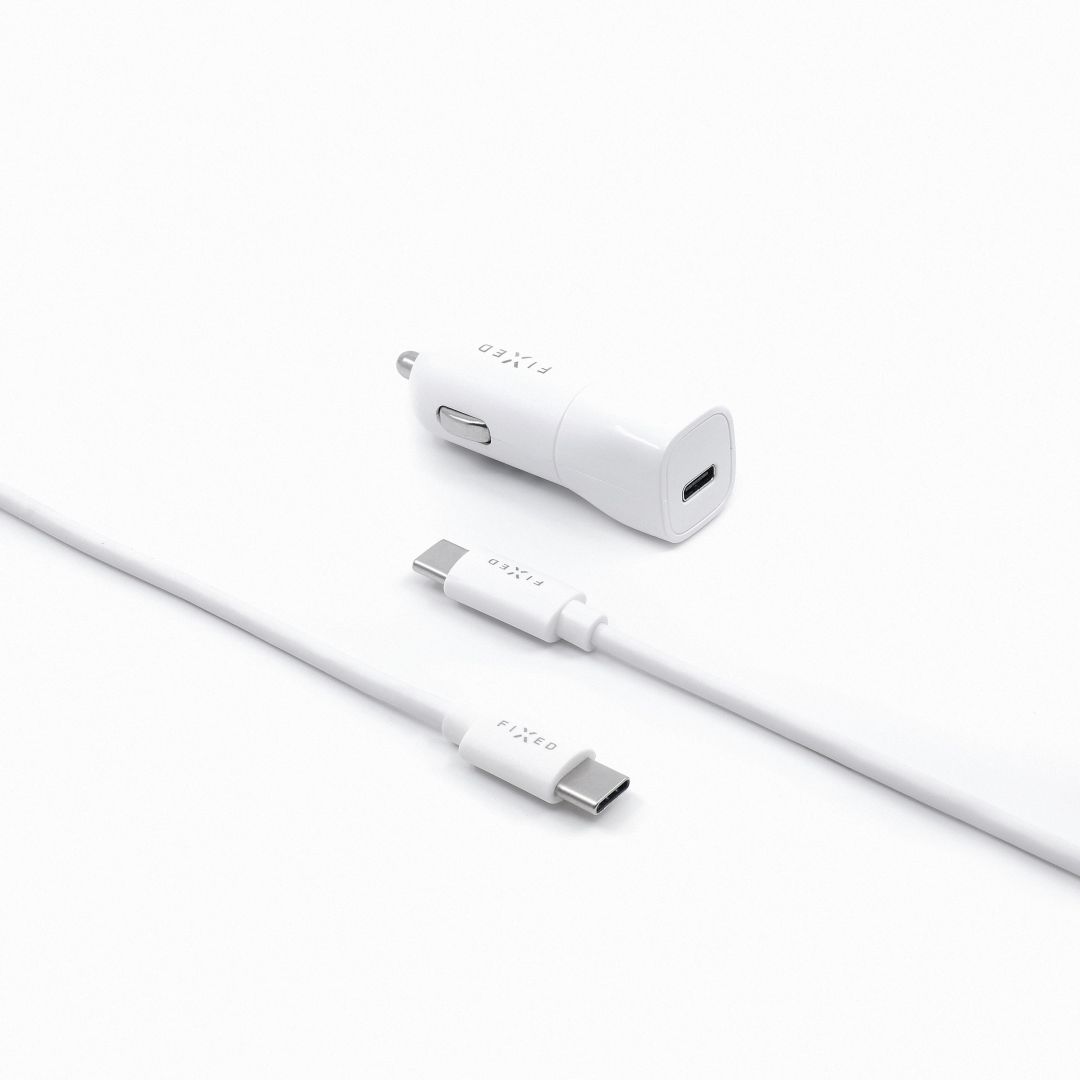 FIXED autós töltő készlet, USB-C kimenet, USB-C/USB-C kábel 1 méteres, PD támogatás 18W, fehér