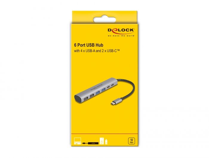 DeLock 6 Port USB Hub with 4xUSB Type-A female and 2xUSB Type-C female Grey