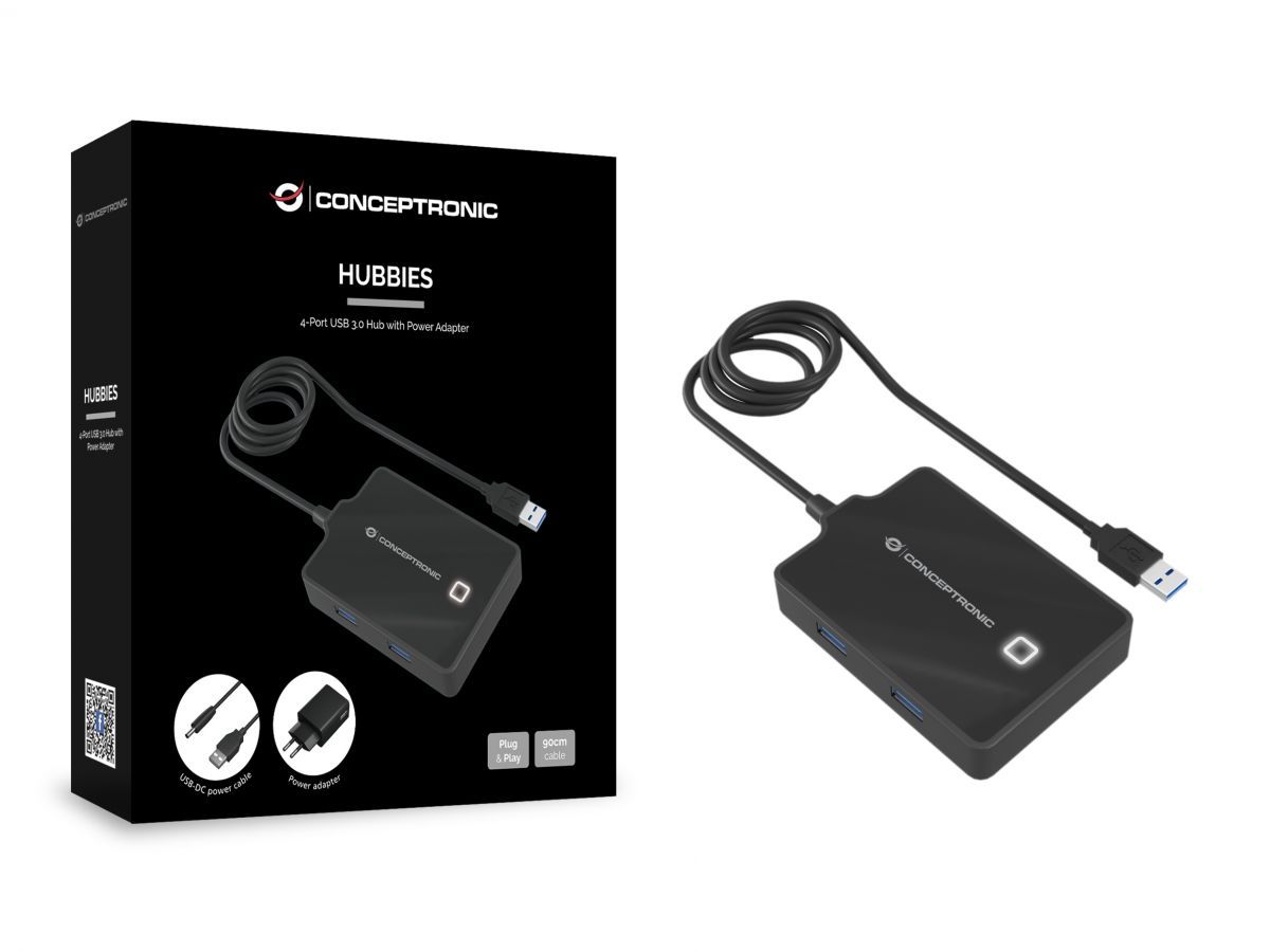 Conceptronic  HUBBIES11BP 4-portos USB3.0 HUB with Power Adapter 90cm Cable Black