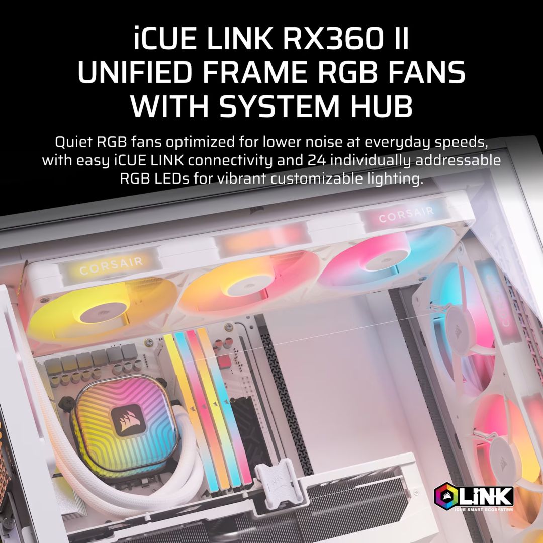 Corsair iCUE LINK RX360 II Unified Frame RGB PWM PC Fans Starter Kit with iCUE LINK System Hub White