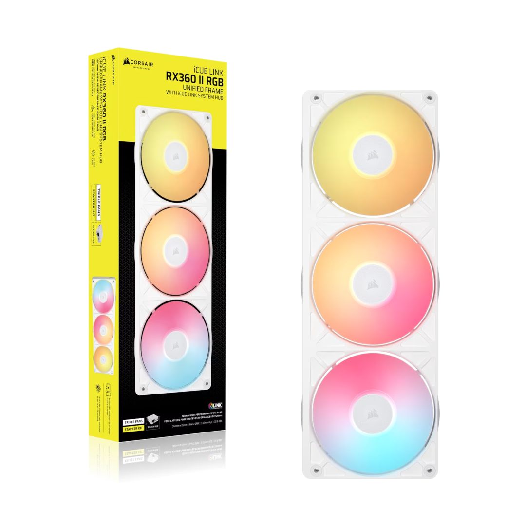 Corsair iCUE LINK RX360 II Unified Frame RGB PWM PC Fans Starter Kit with iCUE LINK System Hub White