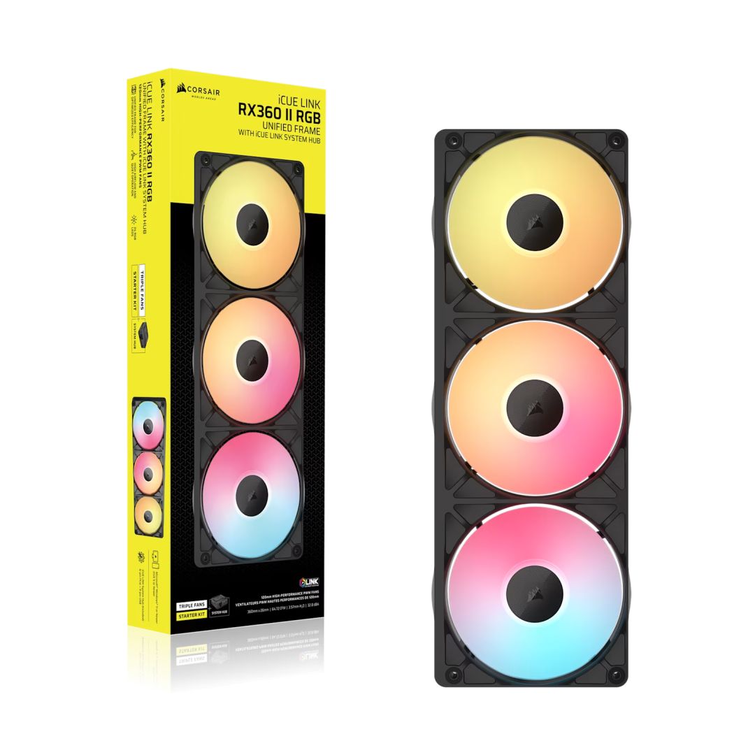 Corsair iCUE LINK RX360 II Unified Frame RGB PWM PC Fans Starter Kit with iCUE LINK System Hub Black