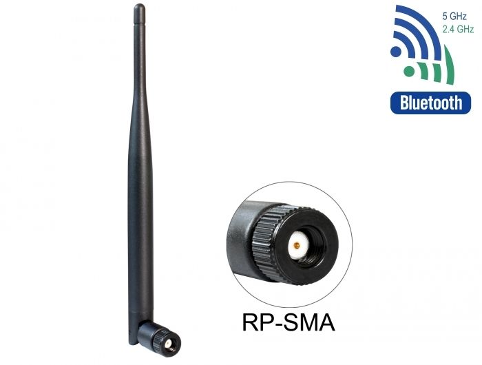 DeLock WLAN 802.11 ac/a/b/g/n Antenna RP-SMA plug 4 - 5 dBi omnidirectional with tilt joint Black